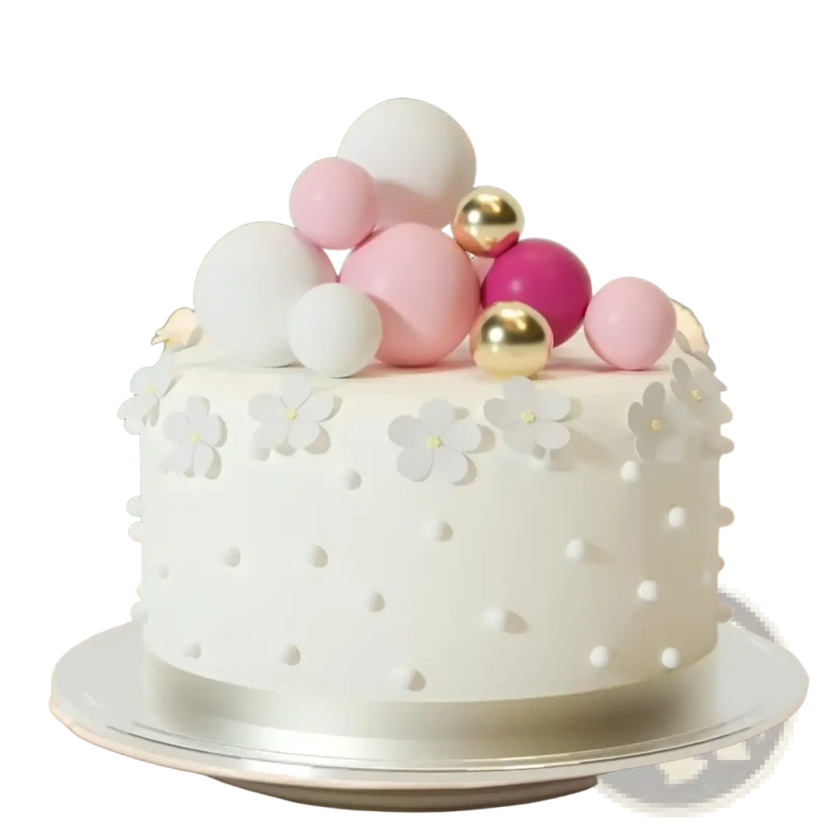 A white frosted cake decorated with pastel pink, gold, and magenta foam balls from a 20pcs birthday party decor set