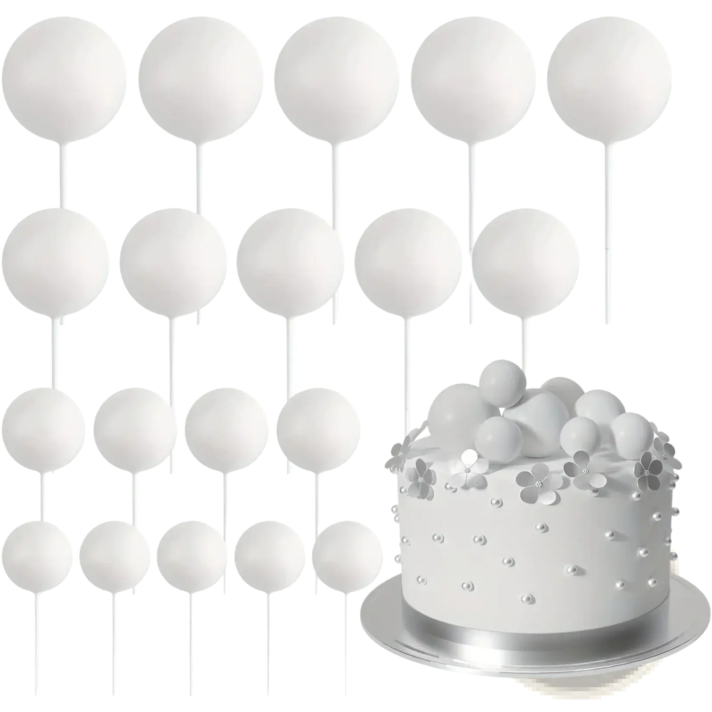 White spherical foam ball cake toppers with thin sticks arranged in rows for birthday and wedding party decoration