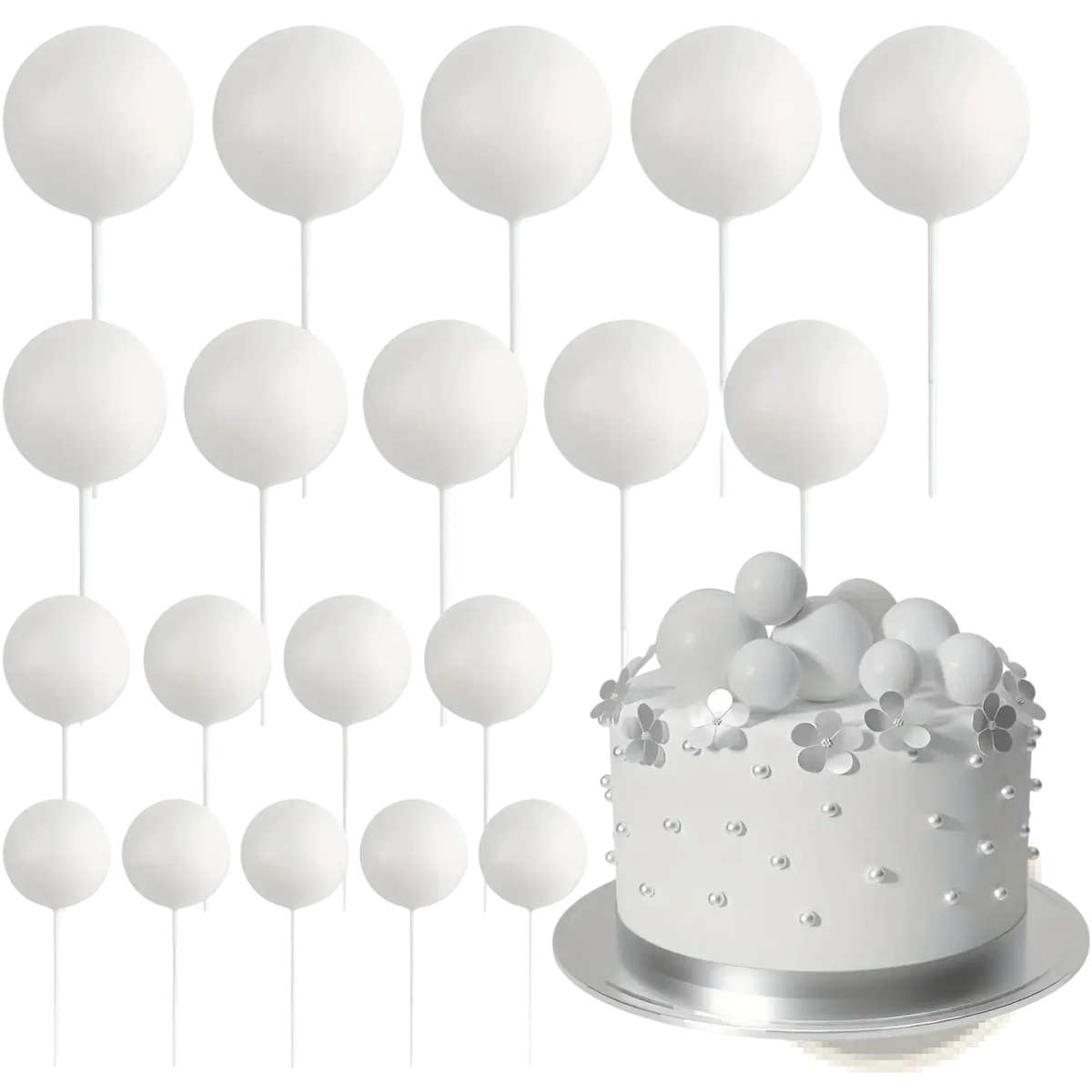 White spherical foam ball cake toppers with thin sticks arranged in rows for birthday and wedding party decoration