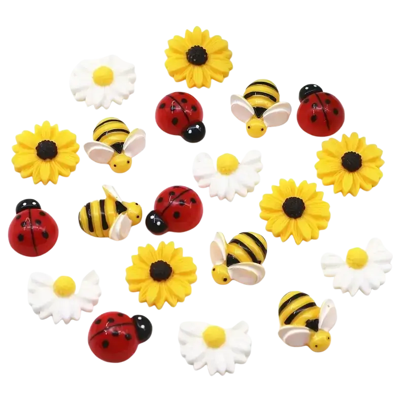 20pcs mixed resin flatback charms featuring brightly colored yellow and black bees red ladybugs and white daisies