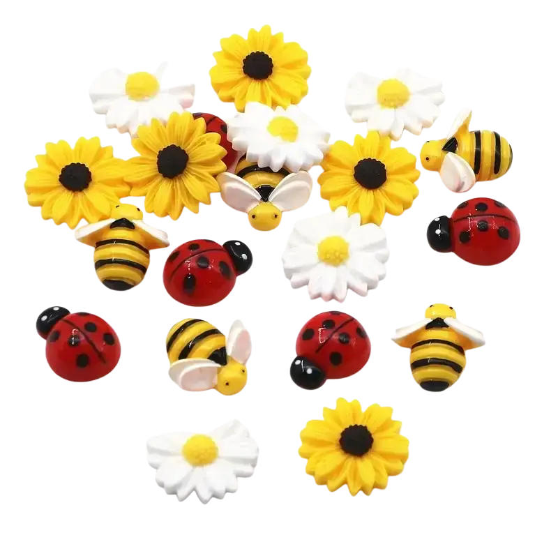 20pcs mixed resin flatback charms featuring glossy colorful bee and flower designs in yellow white red and black