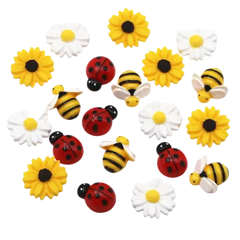 Set of 20pcs mixed colorful resin flatback charms featuring yellow sunflowers white daisies red ladybugs and striped bees