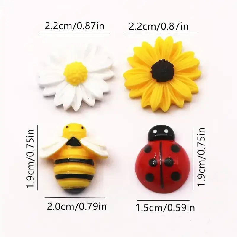Set of four colorful 3d resin charms including daisy bee ladybug and sunflower from 20pcs mixed flatback collection