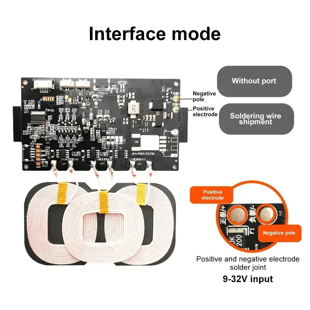 Black electronic circuit board with white coiled inductive charging coils and 9-32v solder joints for quick charging wireless module
