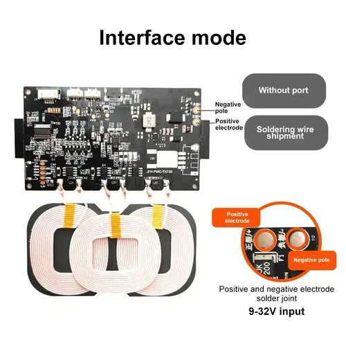 Black electronic circuit board with white coiled inductive charging coils and 9-32v solder joints for quick charging wireless module