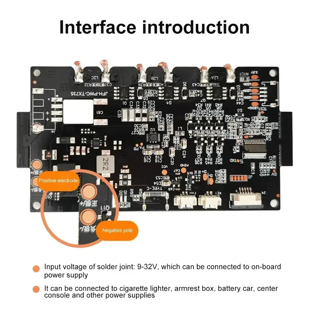 Black electronic circuit board of 20w quick charging wireless charger module with labeled power input terminals 9-32v