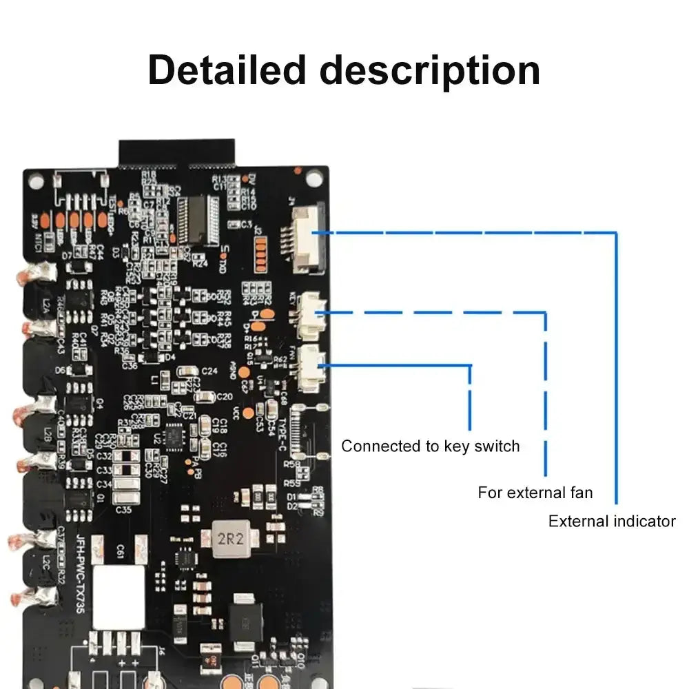 Black rectangular electronic control board with labeled connection points for 20w quick charging wireless charger module