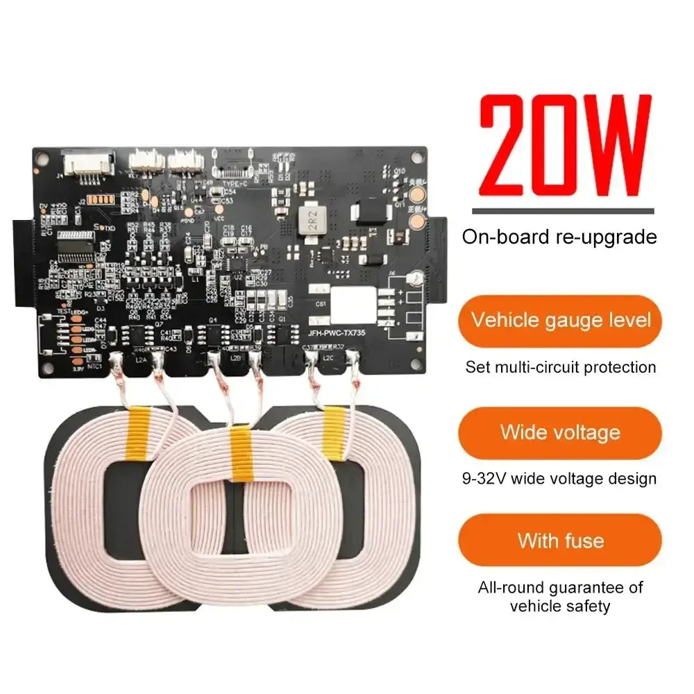 20w quick charging wireless charger module in black with integrated coils and circuitry for vehicle use 9-32v