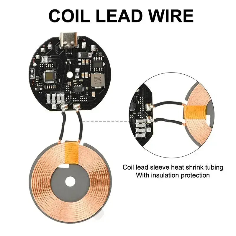 Copper coil lead wire with heat shrink tubing connected to a black 43mm diameter circuit board with USB for cell phone charging