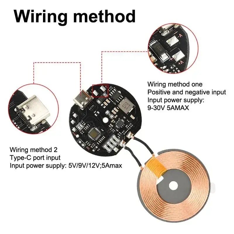 Circular wireless charging coil with copper wire winding and black circuit board for 20w charger diameter 43mm cell phone use