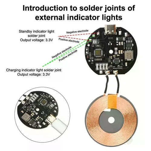 Black circular 20w wireless charger circuit board diameter 43mm with copper coil and usb connector for cell phone charging