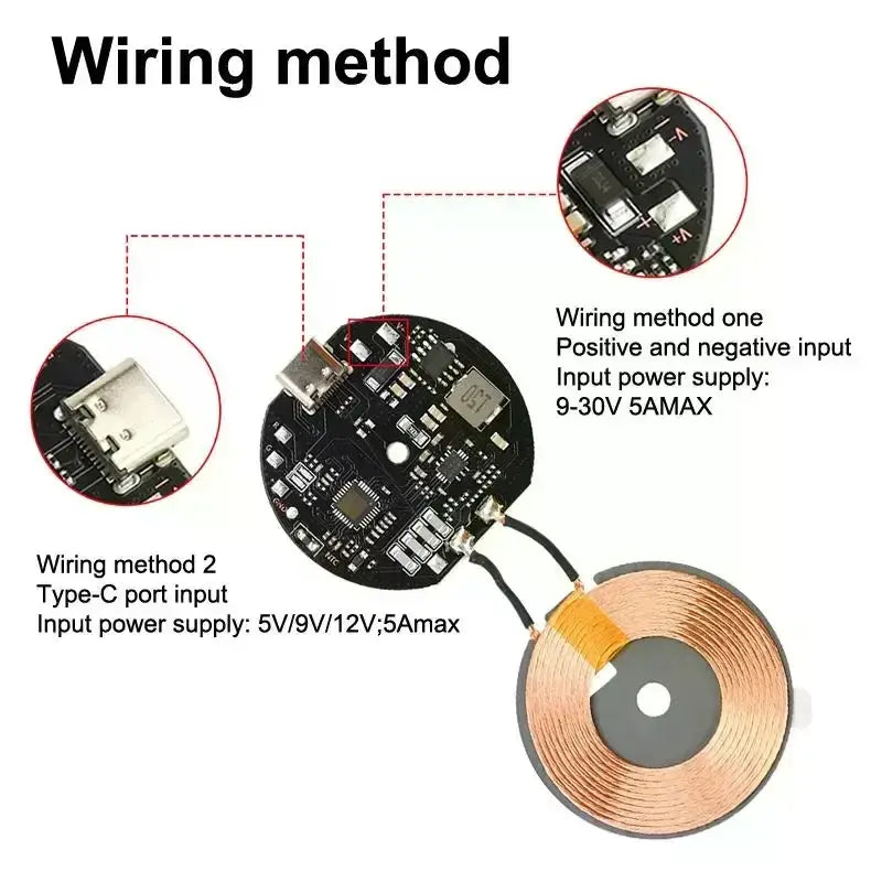 20w wireless charger circuit board with diameter 43mm featuring copper coil and black circuit board for cell phone charging
