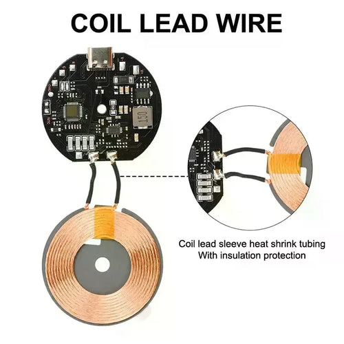 Circular copper coil wireless charger circuit board diameter 43mm with black usb connector and heat shrink tubing insulation for cell phone