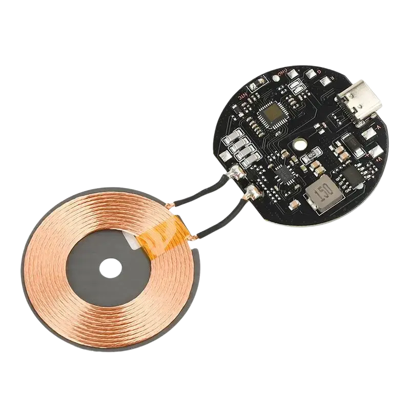 20w wireless charger circuit board diameter 43mm with copper coils and black pcb featuring usb type-c port for cell phone
