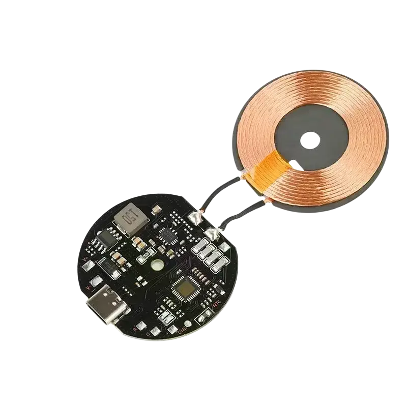 20w wireless charger circuit board diameter 43mm with black pcb, usb-c port, and copper coil for cell phone charging
