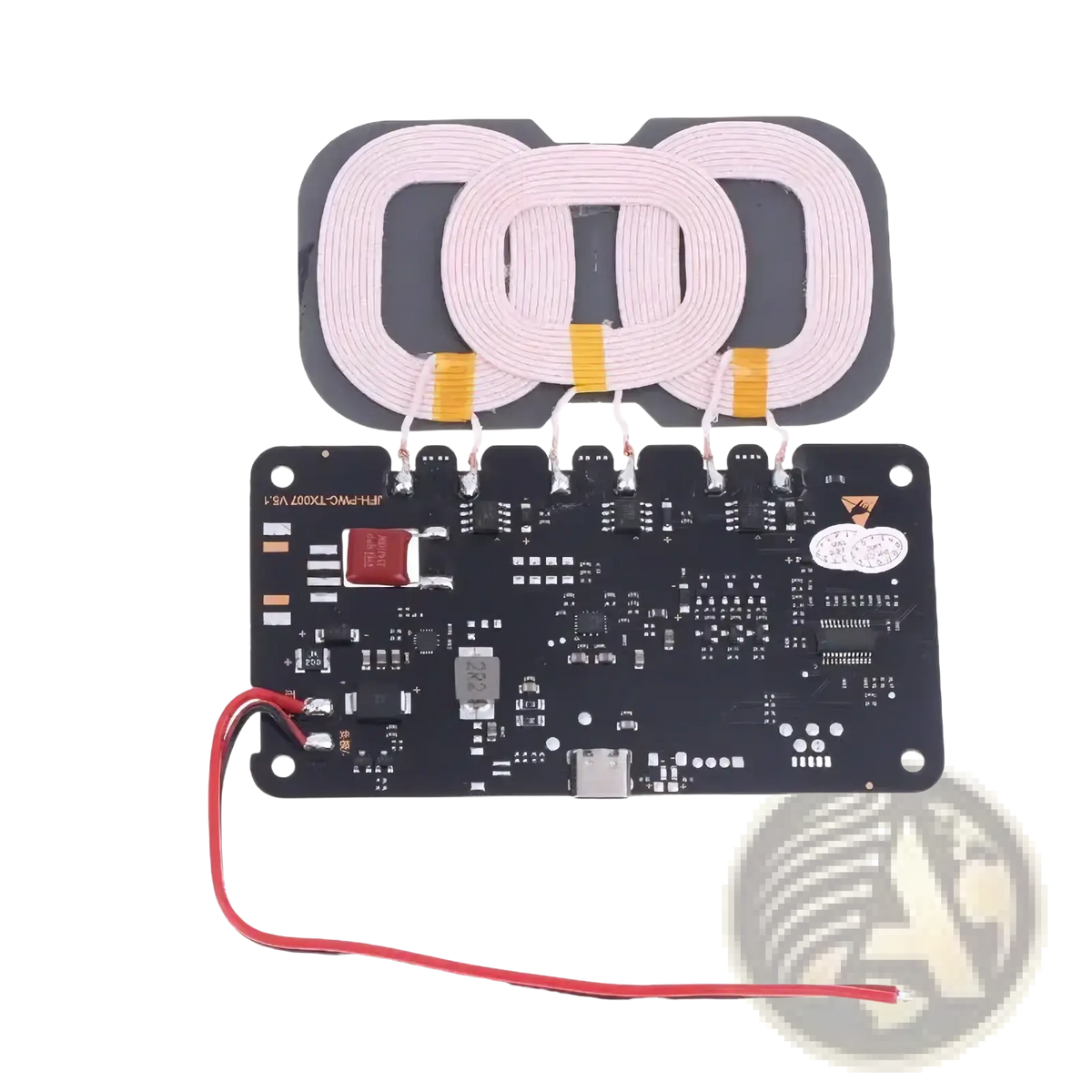 20w wireless charger module for car and home with type c input and three pink coils on a black circuit board back side