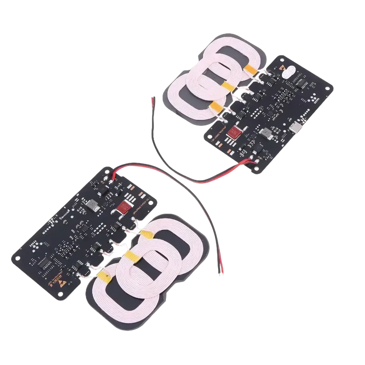 20w wireless charger module for car and home with black circuit boards and white wireless charging coil sets