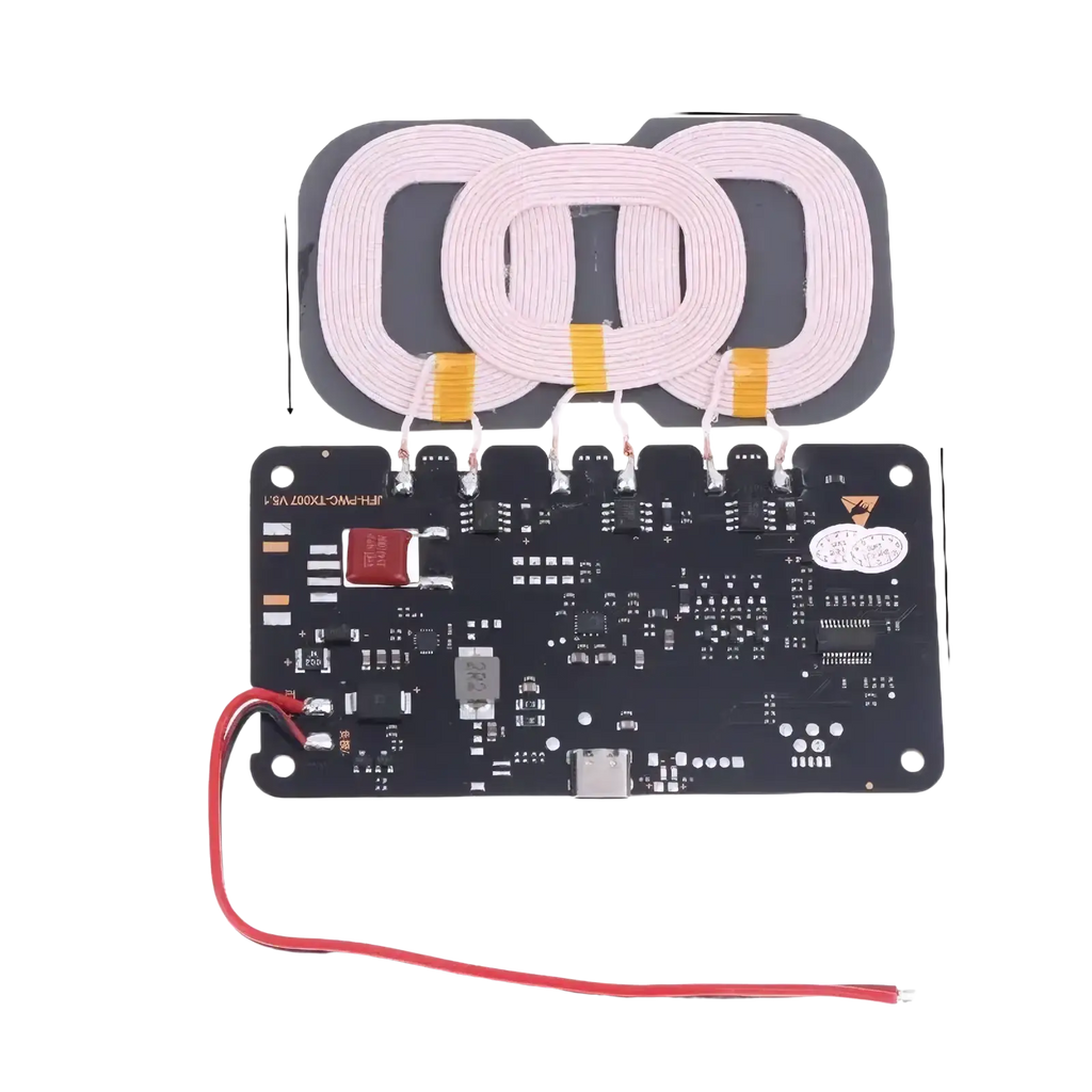 20w wireless charger module showing back side with three pink coils on black circuit board and usb-c port for car and home use