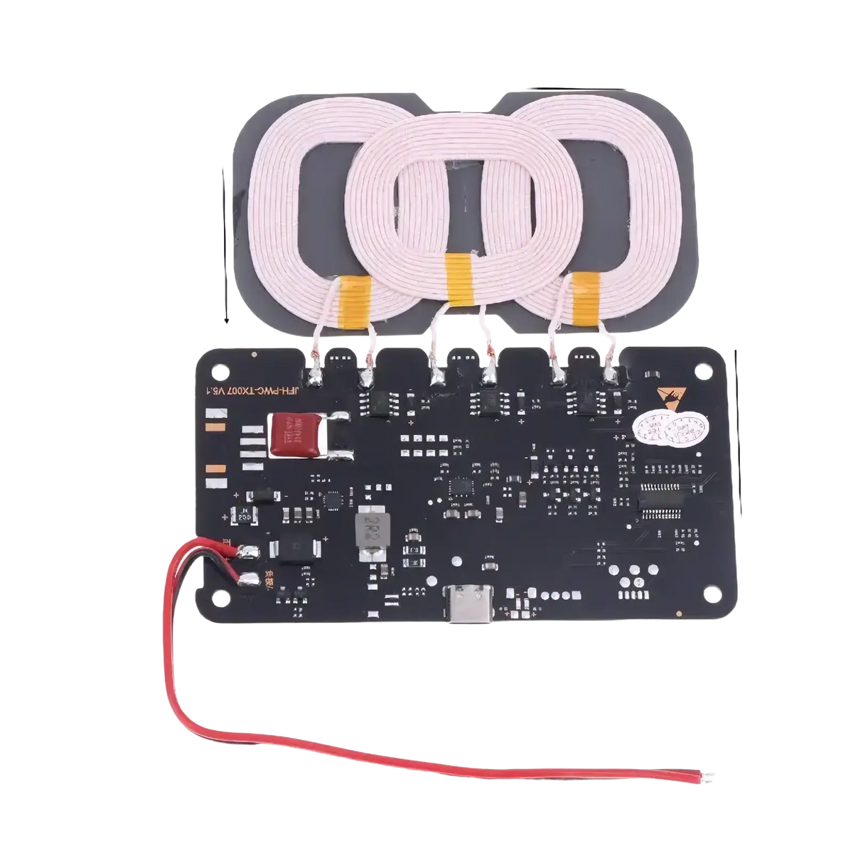 20w wireless charger module showing back side with three pink coils on black circuit board and usb-c port for car and home use