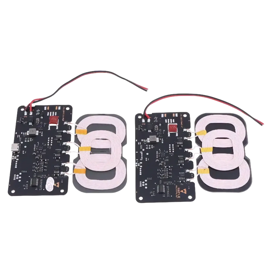 20w wireless charger module showing two black coils with white spiral inductors and red black wires on circuit boards