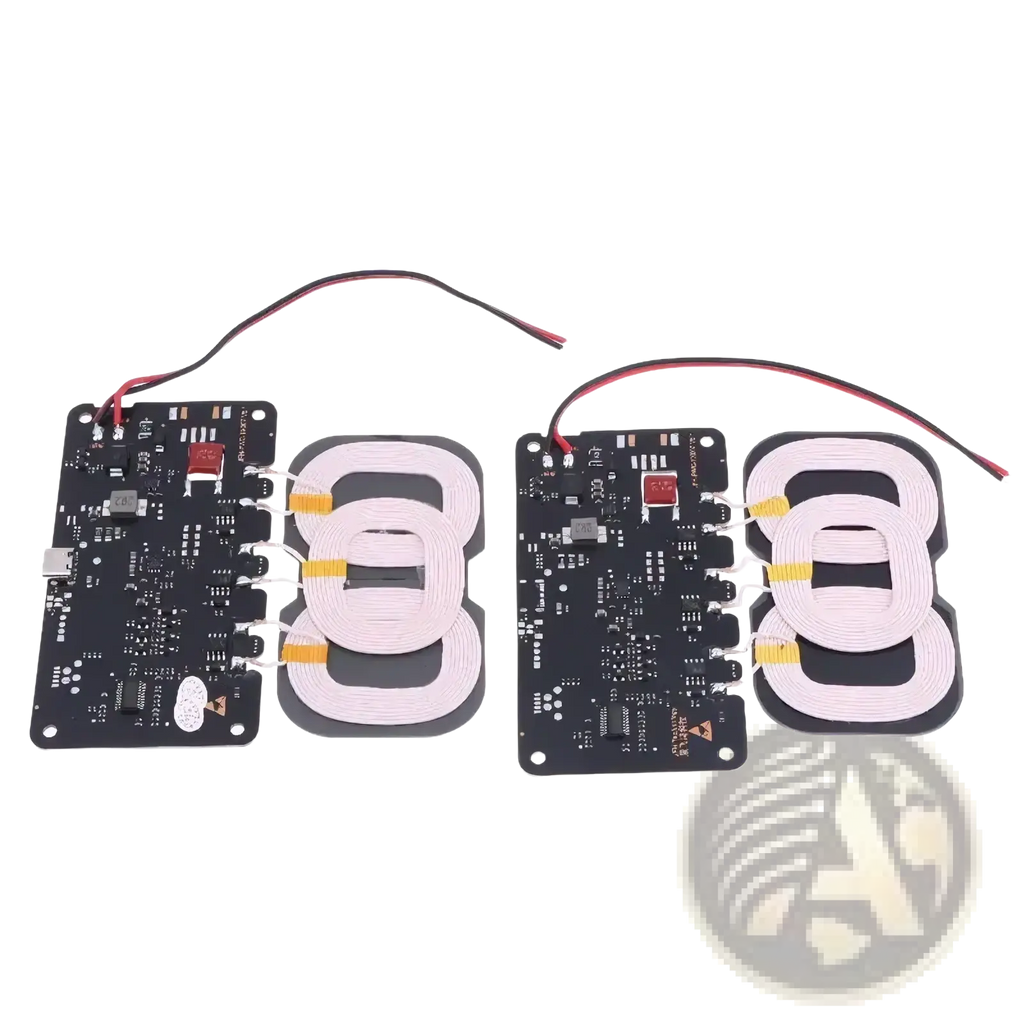 20w wireless charger module showing two black coils with white spiral inductors and red black wires on circuit boards