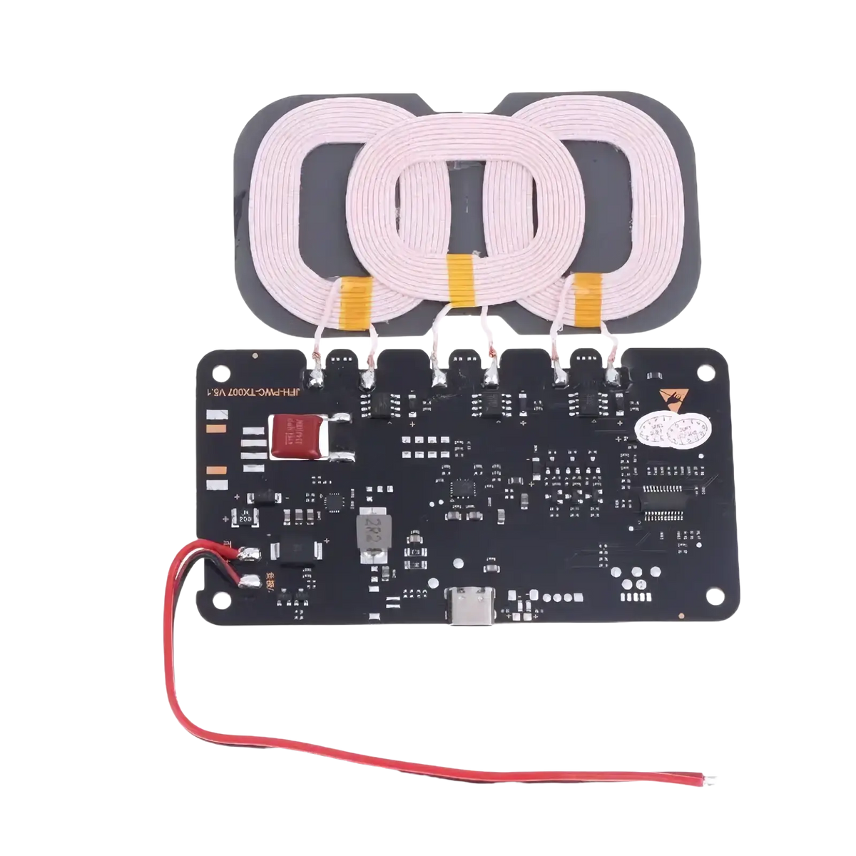 20w wireless charger module for car and home with type c input and three pink coils on a black circuit board back side