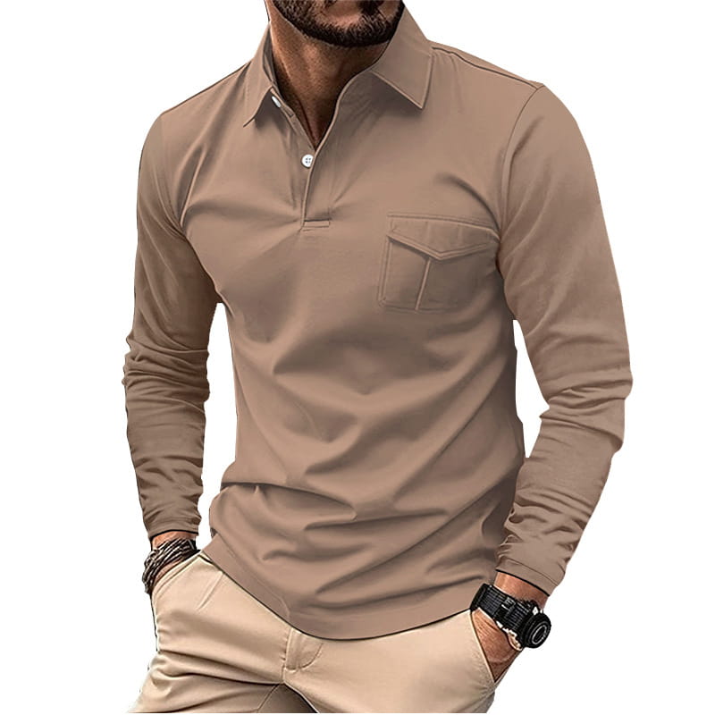 Beiges langärmliges Polohemd mit geknöpftem Kragen und Brusttasche, entworfen als Casual-Sporttop.
