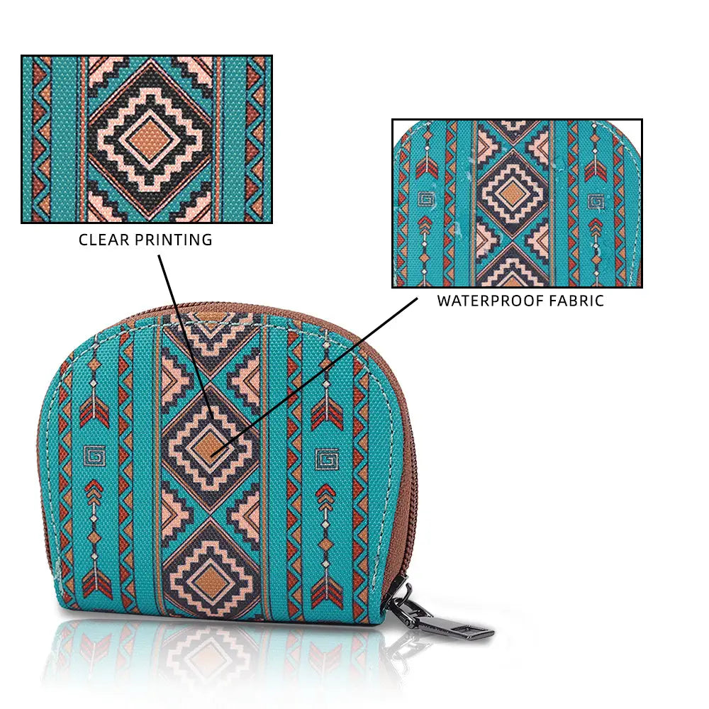 Teal and brown waterproof woven geometric card wallet and portable coin purse with a zipper closure.