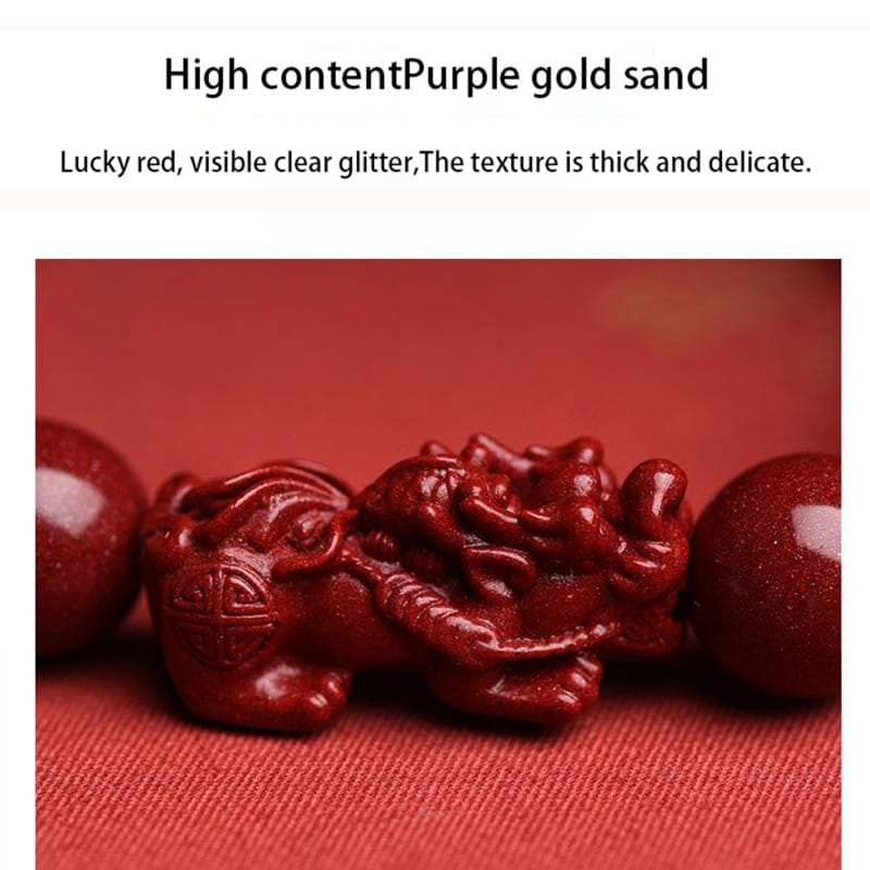 Hand carved purple gold cinnabar double pixiu bracelet featuring lucky red high content purple gold sand beads with clear glitter and a thick delicate texture.
