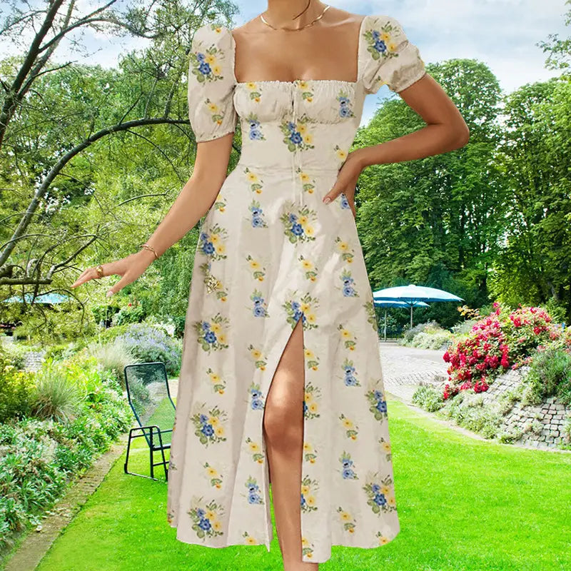 A woman wears a cream-colored floral square neck puff sleeve midi slit dress featuring a delicate pattern in shades of blue and yellow.
