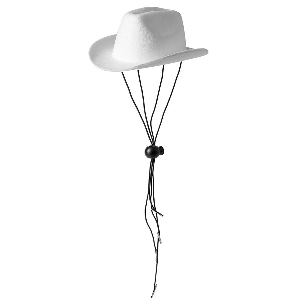 White felt cowboy hat with black adjustable chin strap for dogs and cats pet costume.