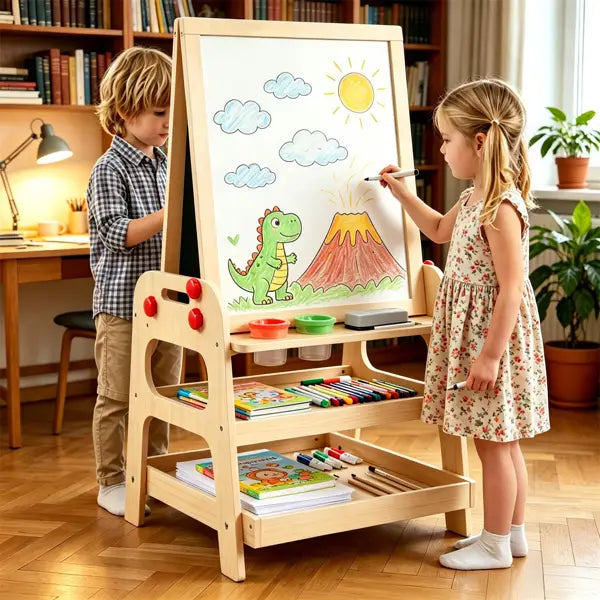 Light wood framed wooden art easel with white drawing surface and storage shelves featuring a marble run for creative activities.
