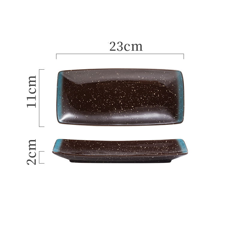 Rectangular ceramic sushi plate with a dark brown speckled surface and teal-blue rim designed for Japanese ceramic sushi trays.