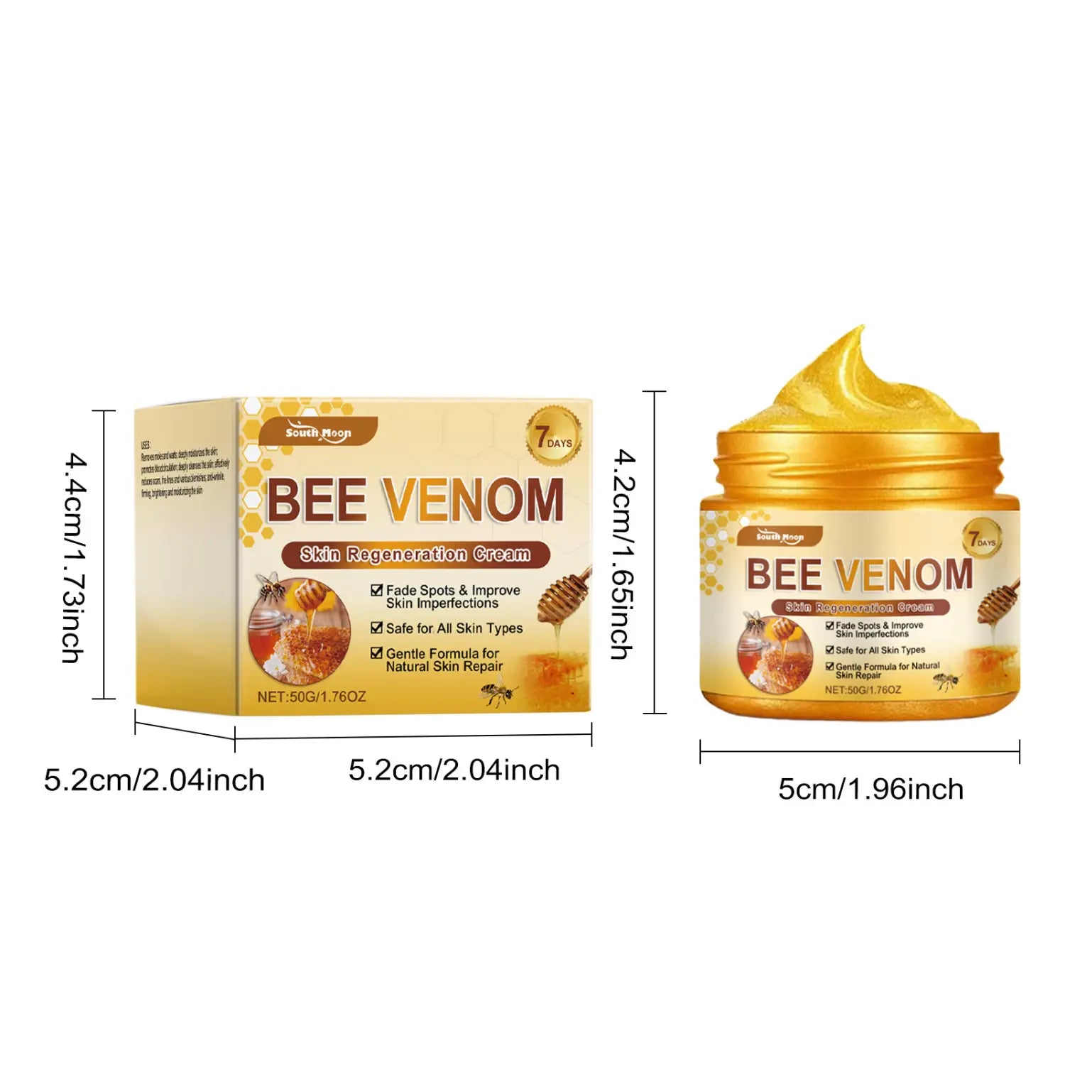 golden jar of bee venom skin regeneration cream for neck and face with honeycomb-patterned box featuring bee and honey imagery