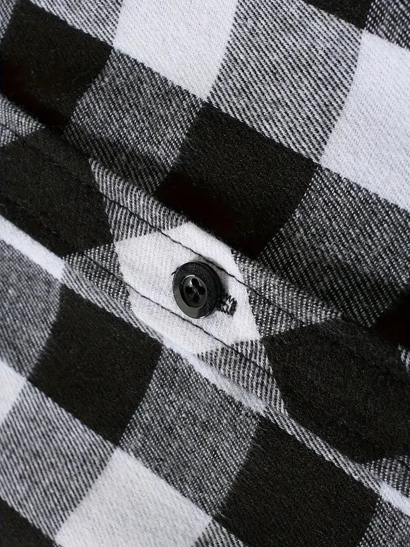 men’s plaid hooded flannel shirt in black and white with a black button made of soft flannel fabric.
