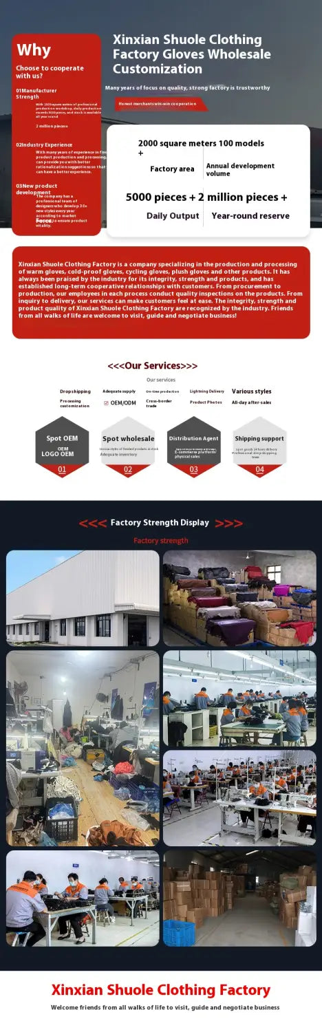 Werbebanner der Xinxian Shuole-Kleidungsfabrik mit Darstellung von Großhandels-Individualisierungsservices und Produktionskapazität für Kaschmir-Touchscreen-Winterhandschuhe für Damen.