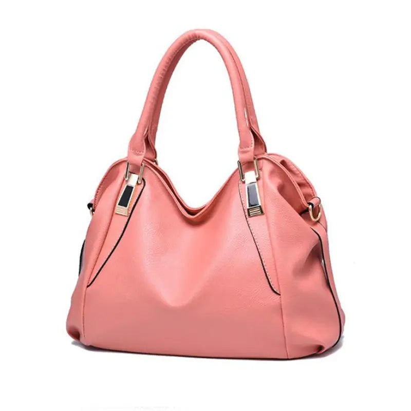 A soft pink women totes bag made of pu leather featuring high capacity, curved top handles, and metallic hardware accents.