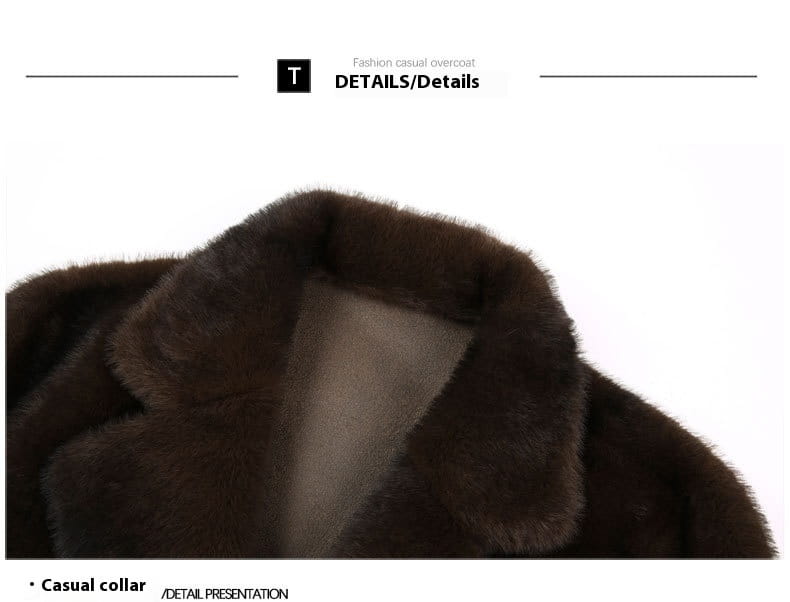 Men’s furs shearling double breasted winter coat featuring a dark brown faux fur collar with a soft plush texture and a contrasting light gray inner lining.