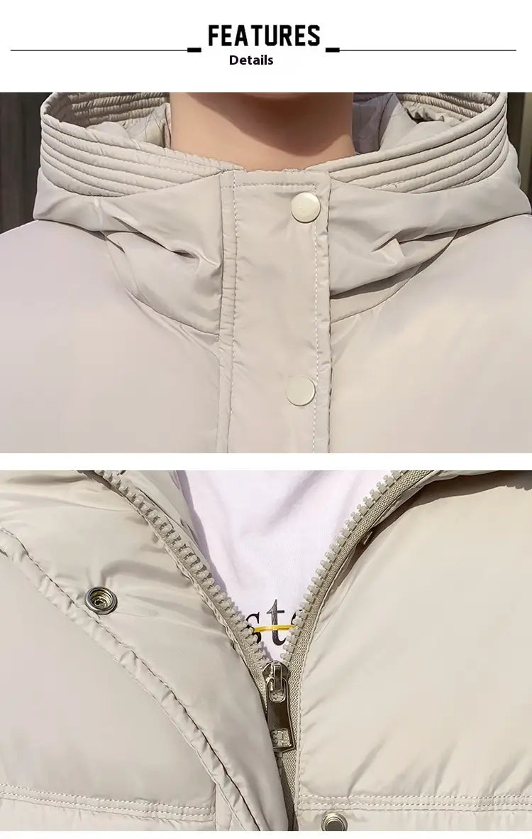 Beige women hooded short down jacket with quilted hood and front button closure made of puffer material.