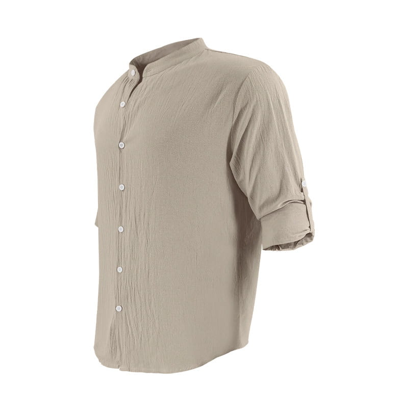 Camisa entallada para hombre de lino de mezcla color beige, de manga larga, con cuello alzapié y mangas arremangadas.