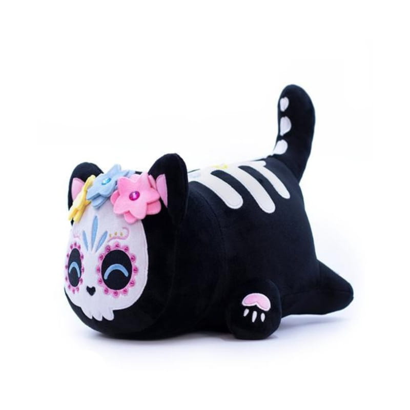 Cat plush stuffed animal toy for kids 25cm in black plush featuring a sugar skull face with pink and blue flowers and white skeletal stripes on its back.