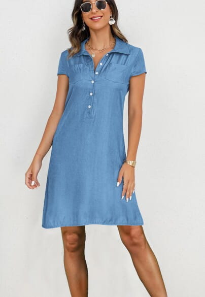 plus size short sleeve button front tencel denim dress in blue featuring a collar and button-up design.