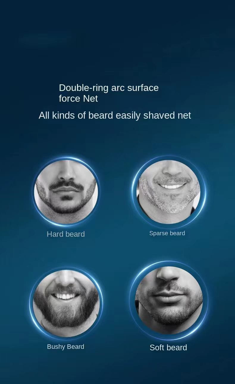 Affichage circulaire rétroéclairé bleu indiquant quatre types de pilosité faciale pour le filet d’arc à double anneau de rasoir électrique pour homme à triple tête, rasoir portable.