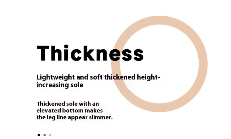 A beige circular graphic element with minimalist design is positioned beside bold black text reading thickness in a product titled smiling cloud and rainbow plush cotton slippers.