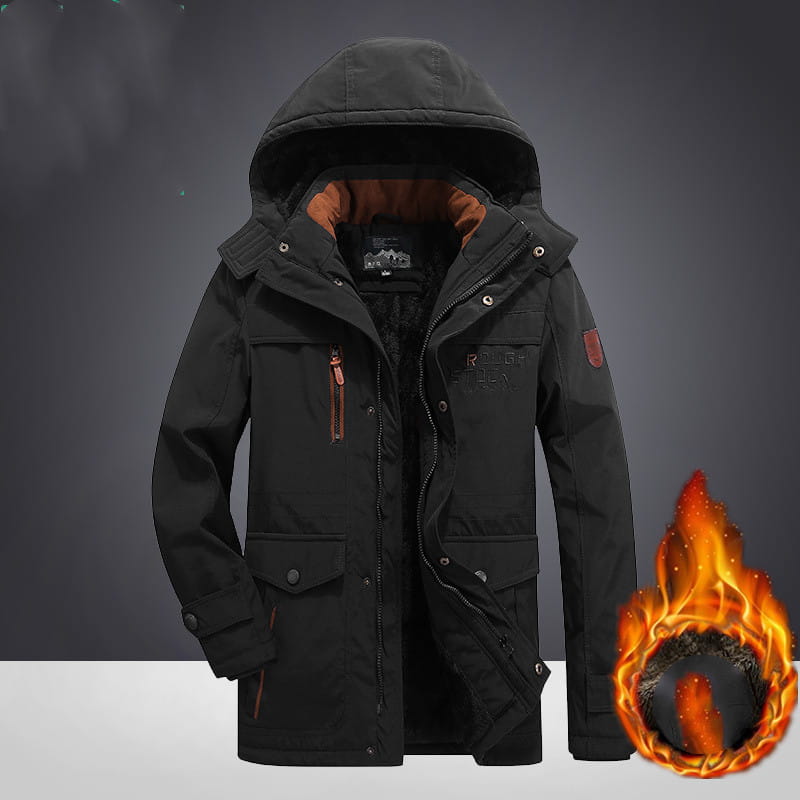 Black hooded thick padded winter parka jacket with orange zipper accents and quilted interior lining.