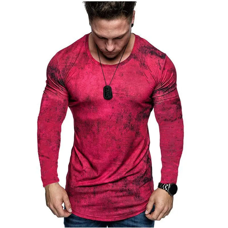 A men’s distressed textured long sleeve t-shirt featuring a vibrant red fitted shirt with a black distressed pattern.