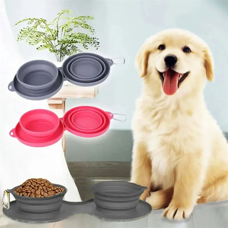 Collapsible dog bowl double silicone travel set featuring gray and pink collapsible silicone pet bowls with carrying handles.