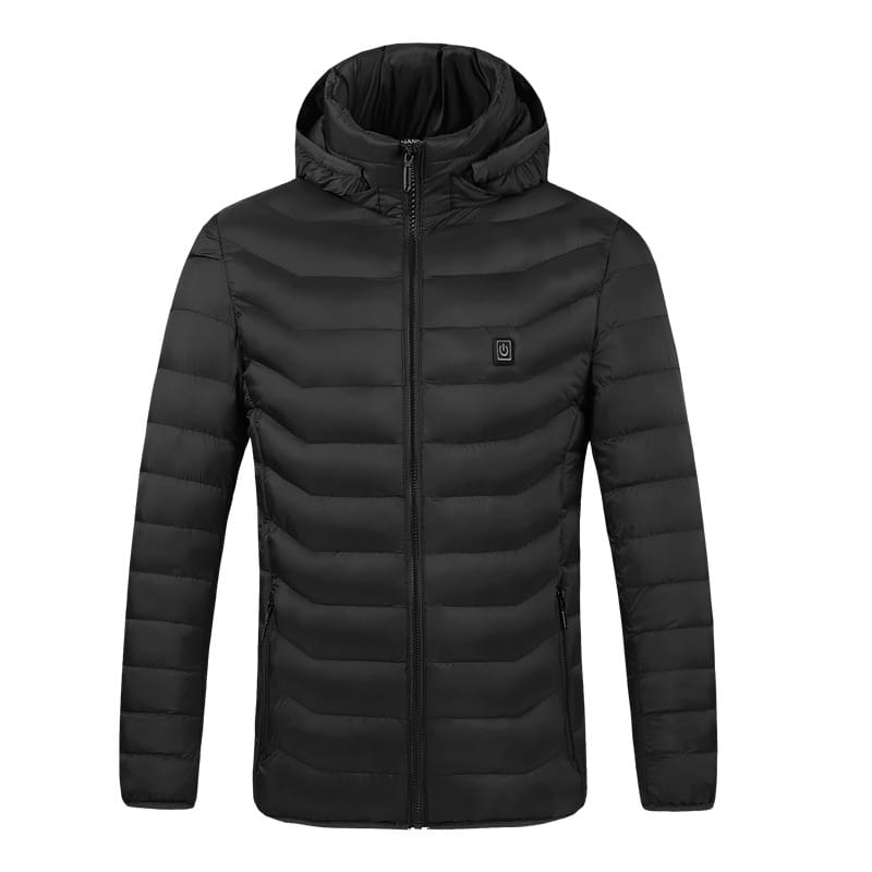 Schwarze, gesteppte Damen-Heizsteppjacke aus Baumwolle mit Kapuze und dezentem Leistungstasten-Emblem auf der Brust.