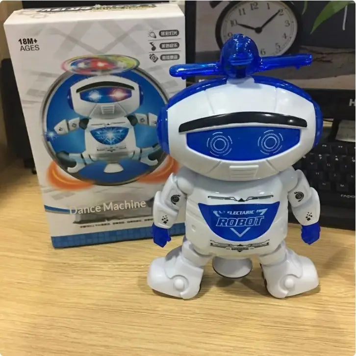 A white and blue plastic dance robot toy with led lights and music featuring a shiny translucent blue headpiece with glowing eyes and the word robot on its chest.