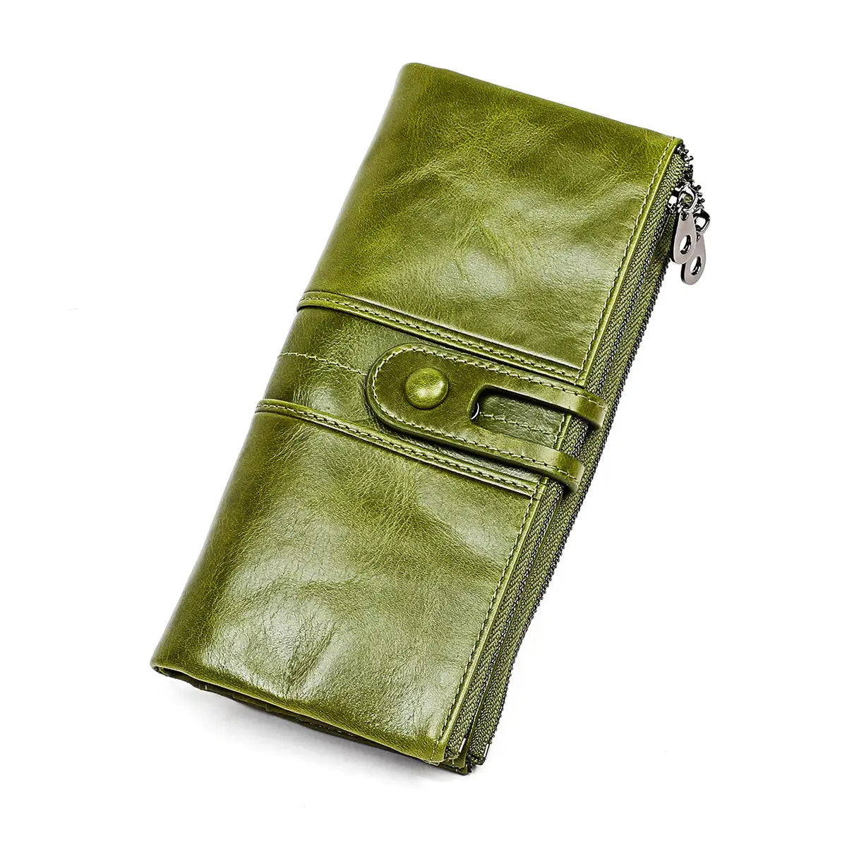 olive green first layer cowhide leather long tri-fold wallet with zipper closure and metal clasp shown from the back side